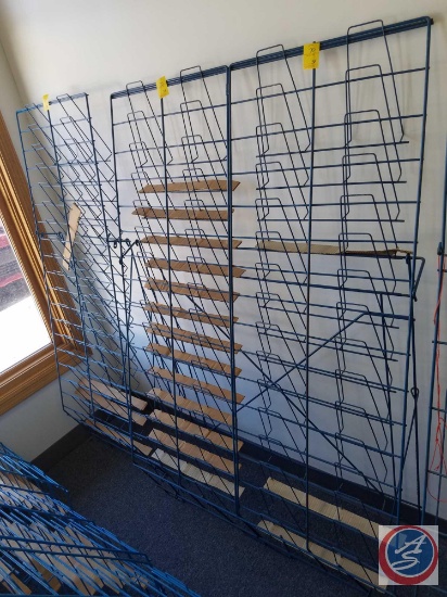 Blue Wire Book Rack Measuring 53 X 26 and Blue Wire Rack Measuring 52 X 37.5 (SOLD 2X'S THE MONEY)