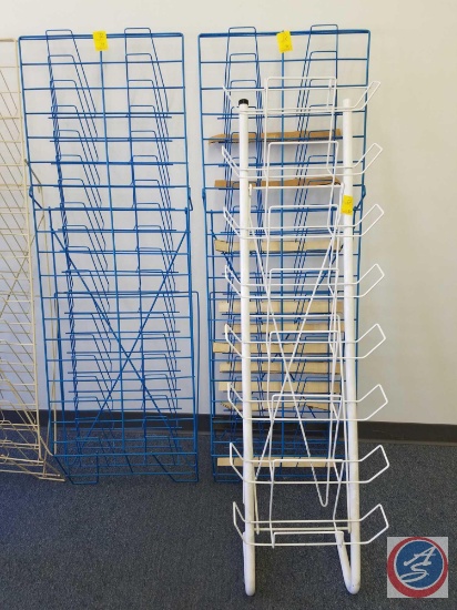 (2)Blue Wire Book Rack Measuring 53 X 26 and White Wire Magazine Rack Measuring 42.5 X 25 (SOLD 3X'S