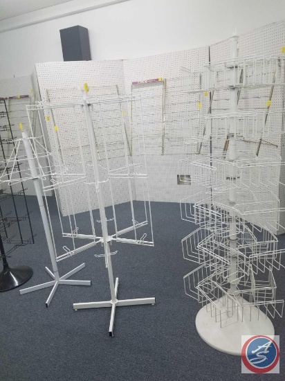 White Rotating Hanging Rack Measuring 65 X 31 and White Six Tier Rotating Wire Book Rack Measuring