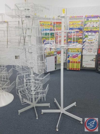 White Six Tier Rotating Wire Book Rack Measuring 72 X 11 and Three Tier Rotating Hanging Rack