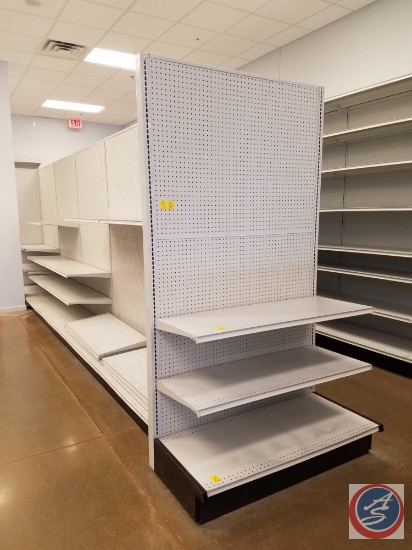 7 Sections of Lozier Shelving, Single Sided; including 48 Shelves Measuring 4' x 19", Uprights 90",