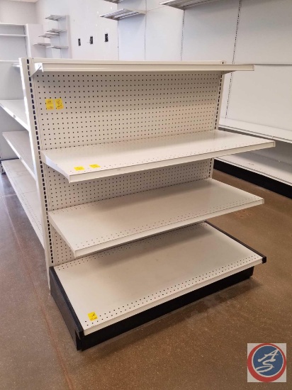 4 Sections of Lozier Shelving, Double Sided Gondola; including 12 Shelves Measuring 4' x 19", 6