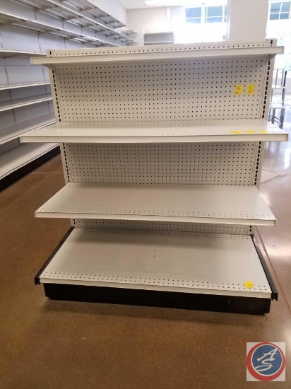 4 Sections of Lozier Shelving, Double Sided Gondola; including 13 Shelves Measuring 4' x 19", 6