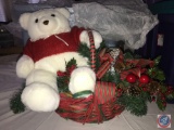 White Polar in Decorative Basket with Faux Pine Cone and Holly Foliage in Rubbermaid Tote