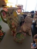 Tracy Porter Hand Painted 3 Qt. Pitcher with Floral Design, Ceramic Bunny with Crazing, Bunny and