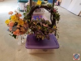 Floral Basket and Large Champagne Glass with Floral Decorations and Assorted Small Bunny Figurines