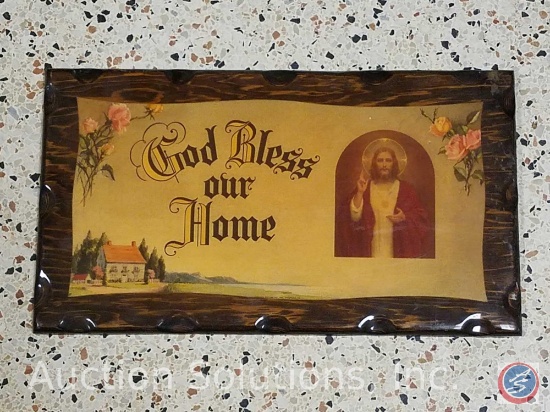 [7] Pieces of Artwork Including: Wood Plaques and Framed Religious Artwork Including God Bless Our