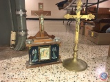 Small Table Top Altar with Jesus on the Cross Includes Two Candle Holders, Golden Standing Crucifix