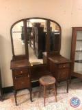 Antique Vanity with Trifold Mirror and Stool on Casters Measuring: 48.5
