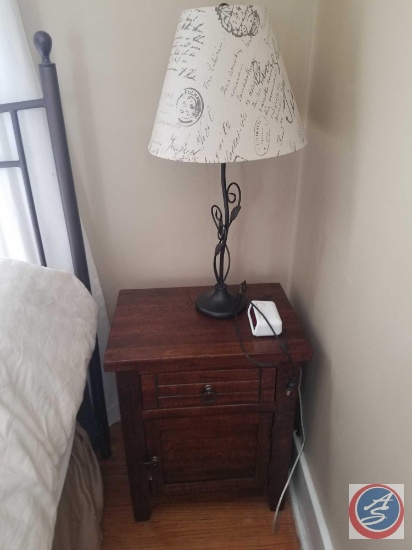 Lamp with Travel Theme, Nightstand 20" x 14" x 25", Digital Alarm Clock , Wicker Chair 42"