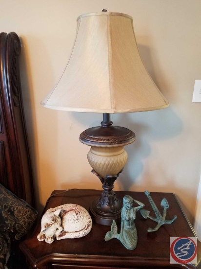 (2) Table Lamps with Shades, Cat Figurine, Anchor, Mermaid, Globes