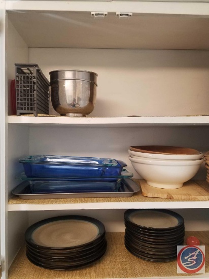 Pyrex Baking Dishes, (2) Small Metal Mixing Bowls, Elite Plates, Mixing Bowls, Wooden Bowls, Wood