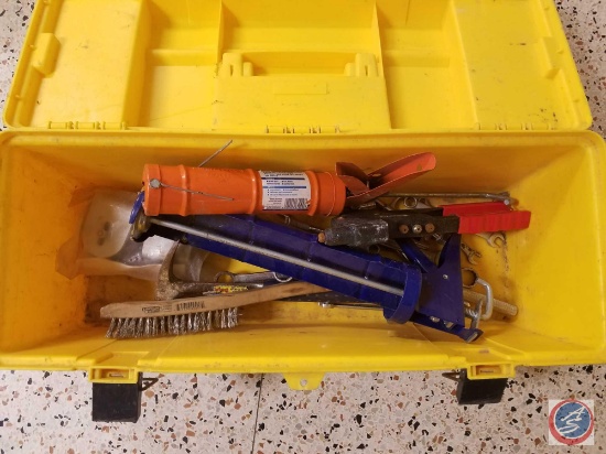 Tool Box Contents Including Grease Guns, Hammer, Open, Closed and Combination Wrenches, Wire Brush,