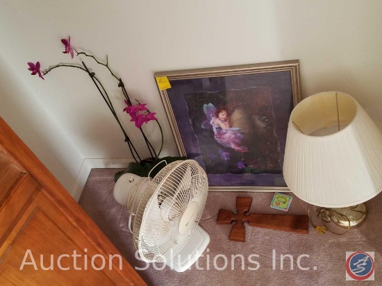 Framed Print Measuring 22"X 18", Wooden Cross, Flowering Orchid, Lamp with Shade, White-Westinghouse