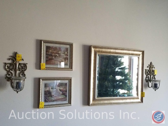 Mirror Measuring 26"X 21.5" , (2) 8"X 12" Framed Prints, Wall Hanging Sconces, (3) 5"X 7" Picture