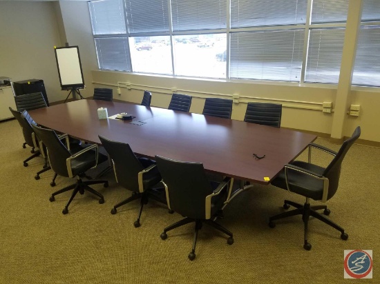 2 Piece Conference Table Measuring 168"X 59.5"X 29", (12) Adjustable Rolling Office Chairs (Mock