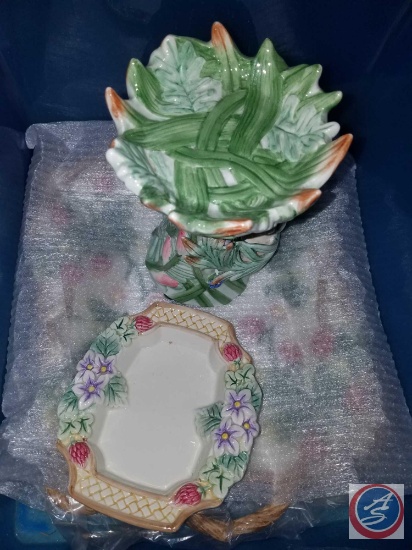 Fitz and Floyd Floral Serving Platter, Small Floral Dish, and Goose Candle Holder {{In Tote with