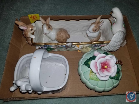 Fitz and Floyd Woodland Spring Cracker Cradle, FF Bunny Basket and Floral Dish