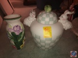 Floral Vase, White and Gray Bunny Cookie Jar Marked CBK LTD 1999