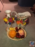 Fitz and Floyd Pitcher with Fruit Design, Fitz and Floyd Candle Stick with Fruit Design and Fruit