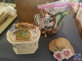 Fitz and Floyd Zebra Vase, Fitz and Floyd Butterfly and Fitz and Floyd Hat with Lid