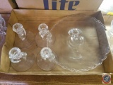 (4) Cut Glass Single Candle Stick Holders and Cut Glass Nut Tray