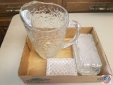 Glass Water Pitcher, (2) Glass Butter Dishes, Glass Toothpick Holders