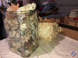 Large Ceramic Sea Shell Full of Starfish and Other Sea Shells, Large Glass Container Full of Sea