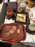 (2) Trays Marked Multi Product Inc. 1944 and 1959, Candle Holder Centerpiece, Cheetah Note Pad and