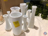 Assorted White Glass Vases, (2) White Glass Bowls and White Glass Lidded Candy Dish