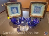 (2) Large Square Plates on Stands, Blue Martini Stemware and (2) Blue Nut Dishes, Nut Trays {{TABLE