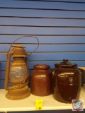 Antique Lantern Compete with Glass Casing (2) Crocks One with Lid