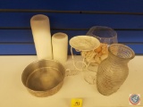 (2) Candles, Tin Bowl, Candleholder, Glass Vases