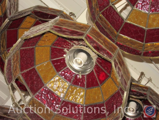 {8x$Bid} (8) Retro Amber and Ruby Glass Shade Hanging Light Fixtures