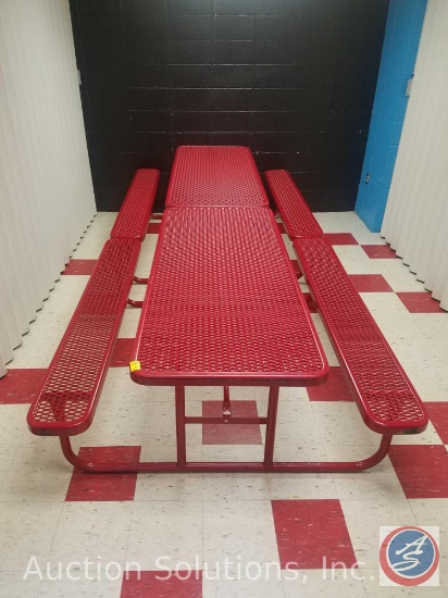 {{2XBID}} (2) 6 ft. Perforated Steel Commercial Outdoor Picnic Tables - Thermoplastic Coated - Red