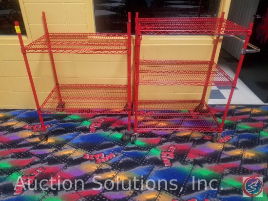 {{2XBID}} (2) Metro Brand Red Coated Steel Wire Rolling Racks; One is Two-Tiered 35 1/4" x 24" x