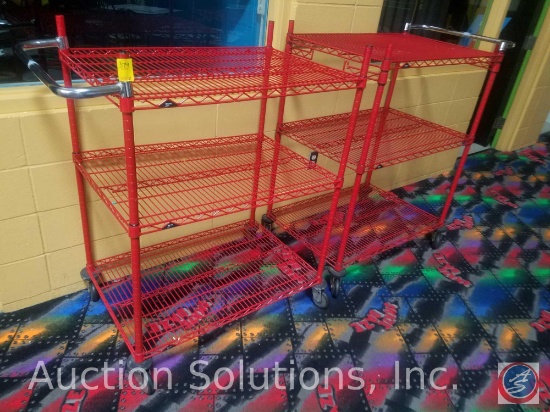 {{2XBID}} (2) Metro Brand Three Tiered Red Coated Steel Wire Rolling Racks 35 1/4" x 24" x 47"