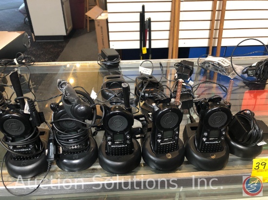 (5) Motorola CLS 1110 Walkie Talkies - (2) With Ear Pieces (2) Extra Charging Bases {{CONDITION MAY