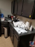 Bosch Microwave Model #HMB406-01, Assorted Plastic Utensils/Dishes, (2) Carafes, Mr. Coffee Maker