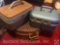 Vintage Wicker Basket, (2) Vintage Makeup Suitcases Filled with Assorted Scrapbooking Supplies