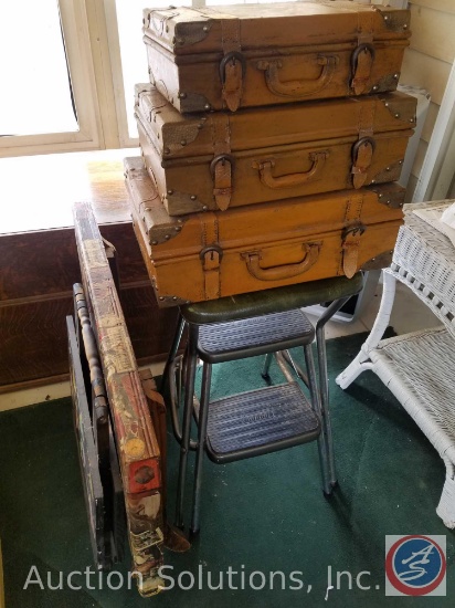 3 Decorative Suitcases Filled with Candles, Costco Vintage Step Stool, Vintage Dinner Tray, Tray