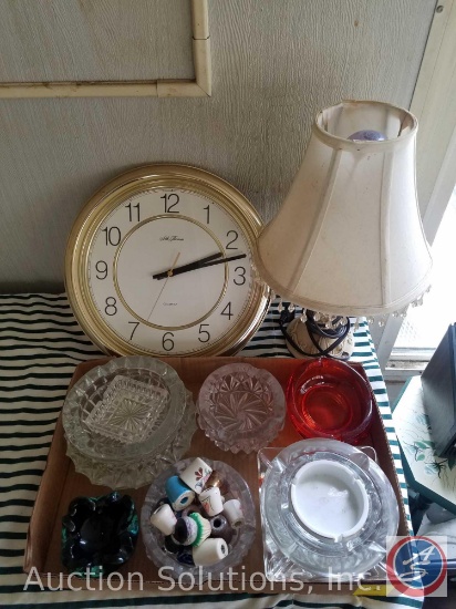 Seth Thomas Wall Quartz Clock, Lamp with Shade Model DD04977G1IVYC, Assorted Ashtrays, Cigarette
