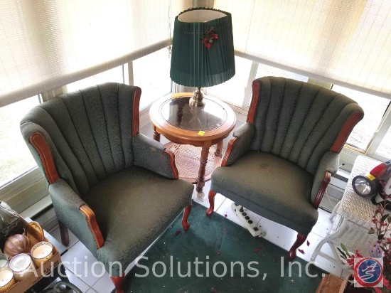 (2) Upholstered Chairs 36", Round Table on Wheels 25" x 25", Lamp with Shape plus Holiday Shade