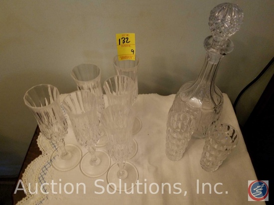 (2) Juice Glasses, (6) Champagne Flutes, Rose Glass Decanter