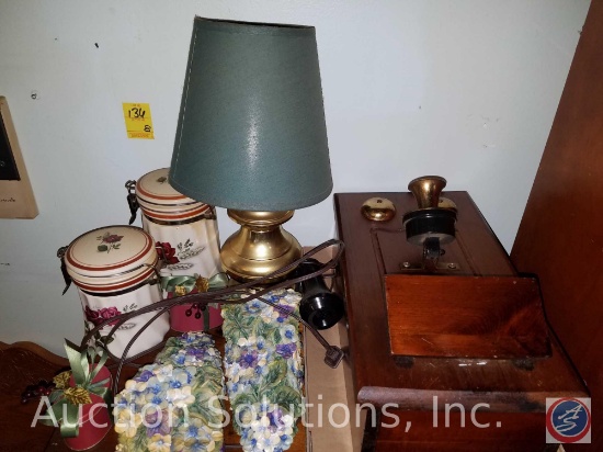 (2) Lidded Containers by Something Special, Small Lamp with Shade, (2) Small Decorative Tin Boxes,