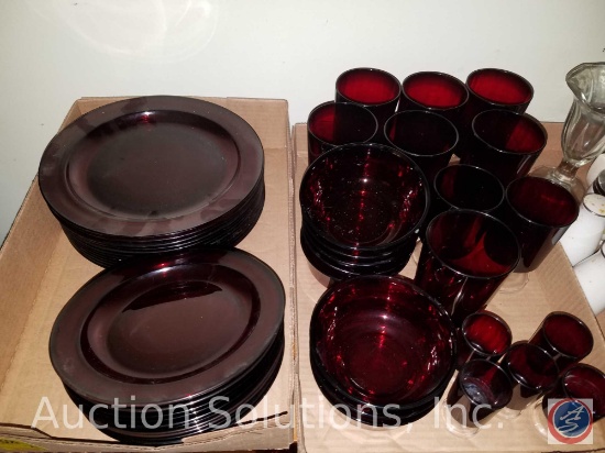 (12) Cranberry Dinner Plates (12) Cranberry Salad Plates, (7) Cranberry Glasses Marked France, (2)