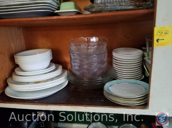 (6) Correlle Bowls, (5) Saucers, (8) Salad Plates, (8) Dinner Plates, Platter, (9) Glass Salad