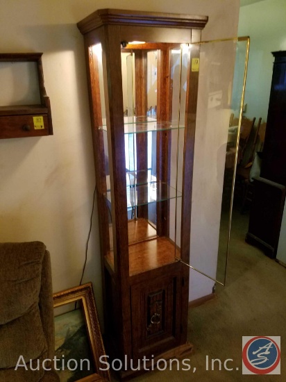Curio Cabinet {{PUPPY CHEW DAMAGE AT BOTTOM, MAGNETIC LATCH BROKEN}}, 17" x 11" x 72", Wall Clock,