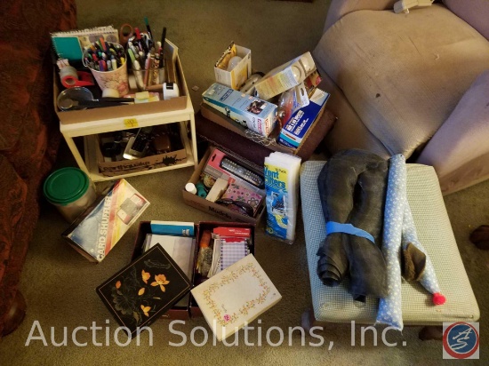 Assorted Pens, Scissors, Card Shuffler, Poker Chips, Small Stool, (2) Foot Stools, More