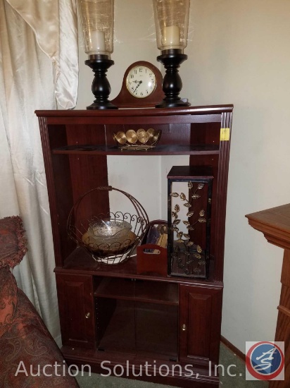 Entertainment Center 36" x 15" 57", Hermae Mantle Clock, (2) Glass/Wood Candle Holders, Large Metal